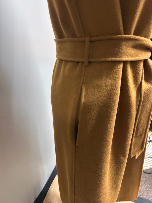 MAJE Gisela Belted Wool-Blend Hooded Coat Size 12 Tan