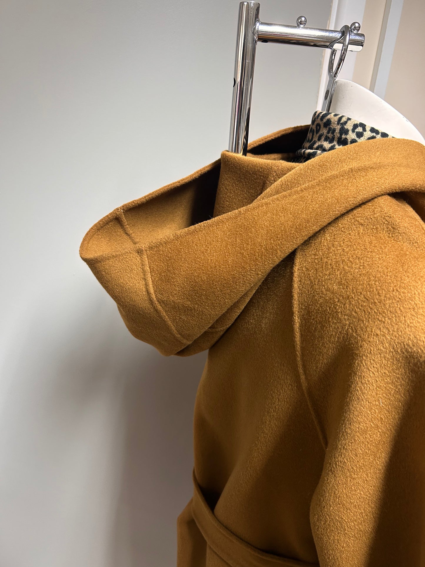 MAJE Gisela Belted Wool-Blend Hooded Coat Size 12 Tan