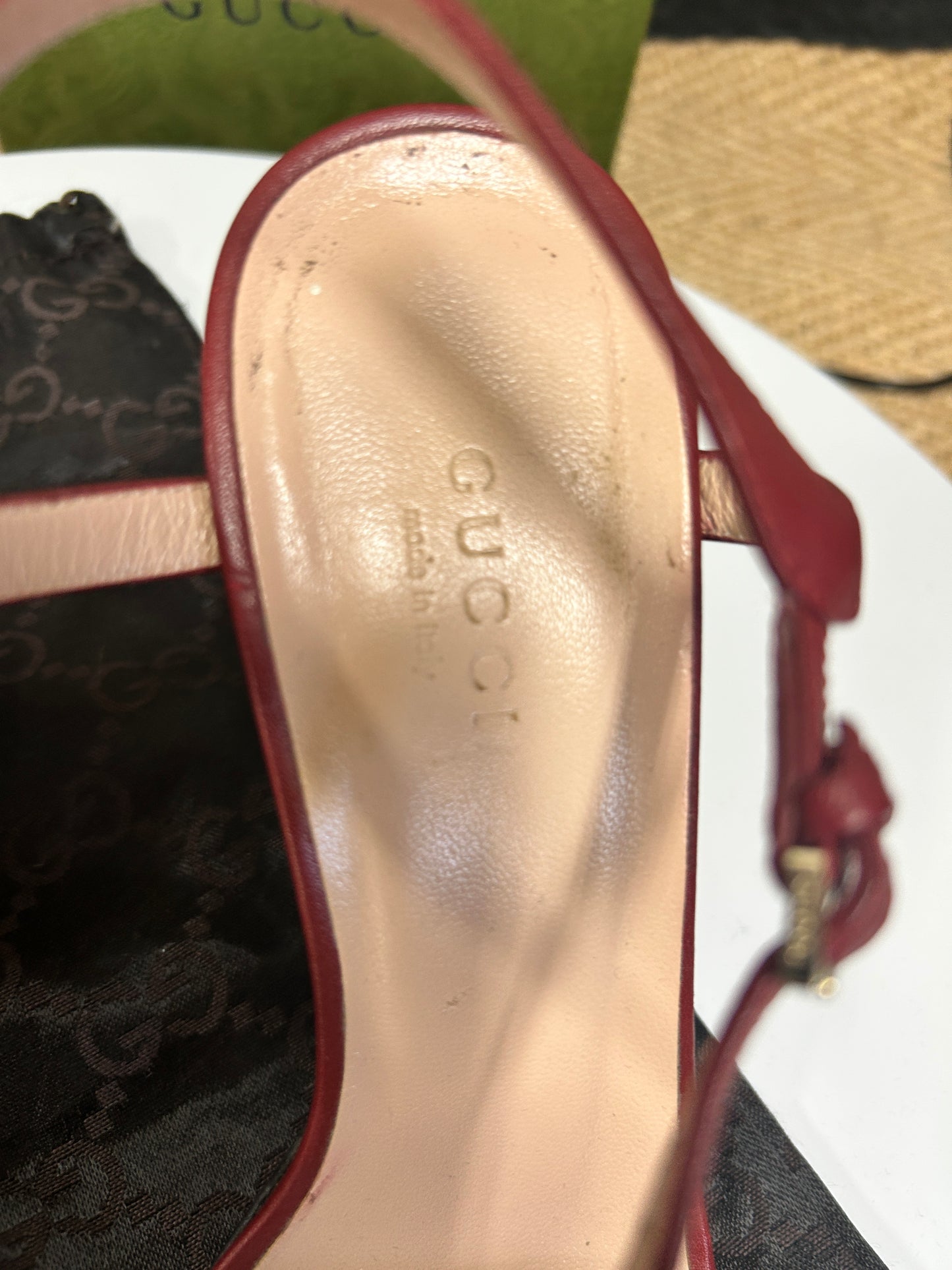 GUCCI horsebit ankle strap leather sandals in Rosso Ancora size 5
