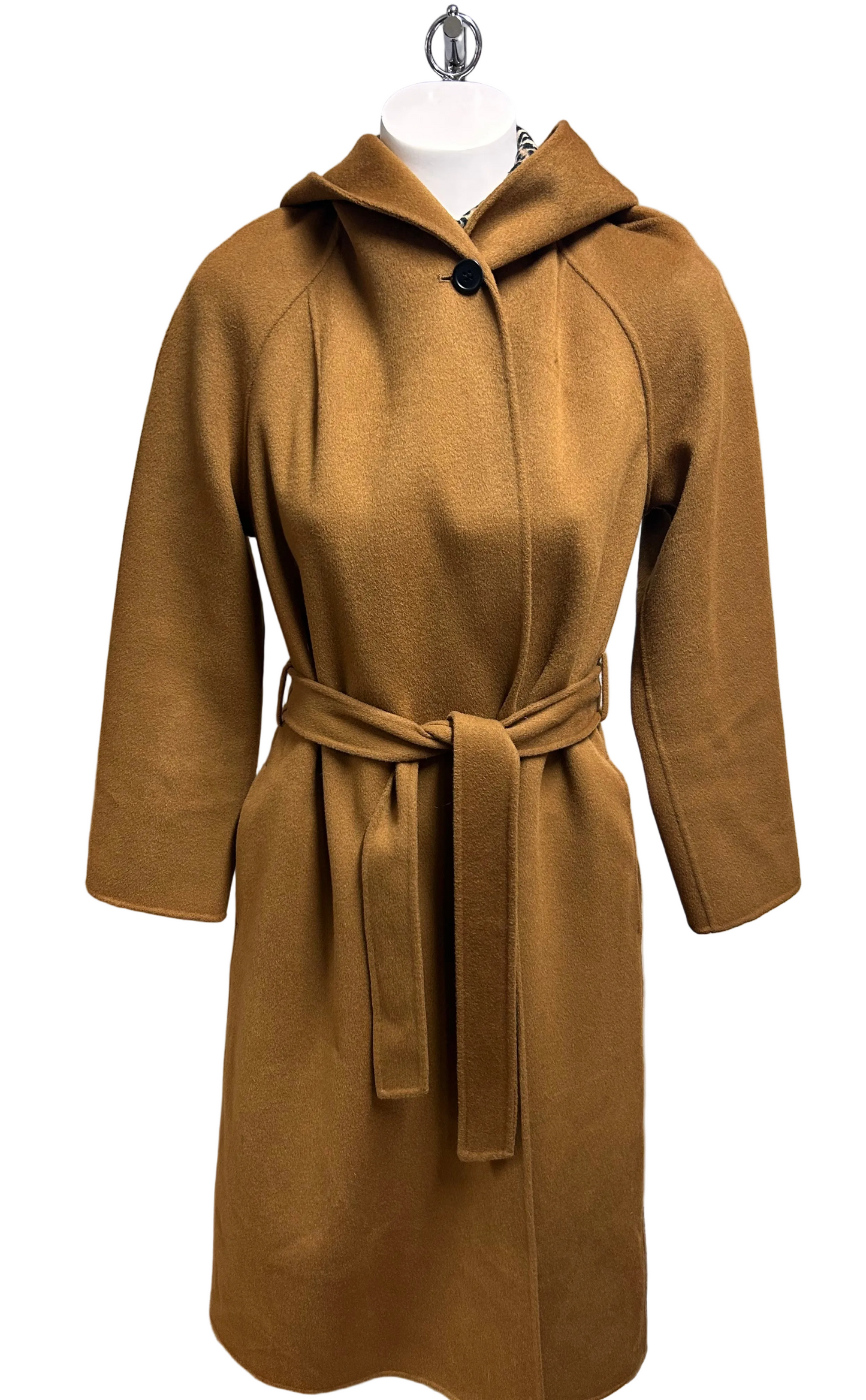 MAJE Gisela Belted Wool-Blend Hooded Coat Size 12 Tan