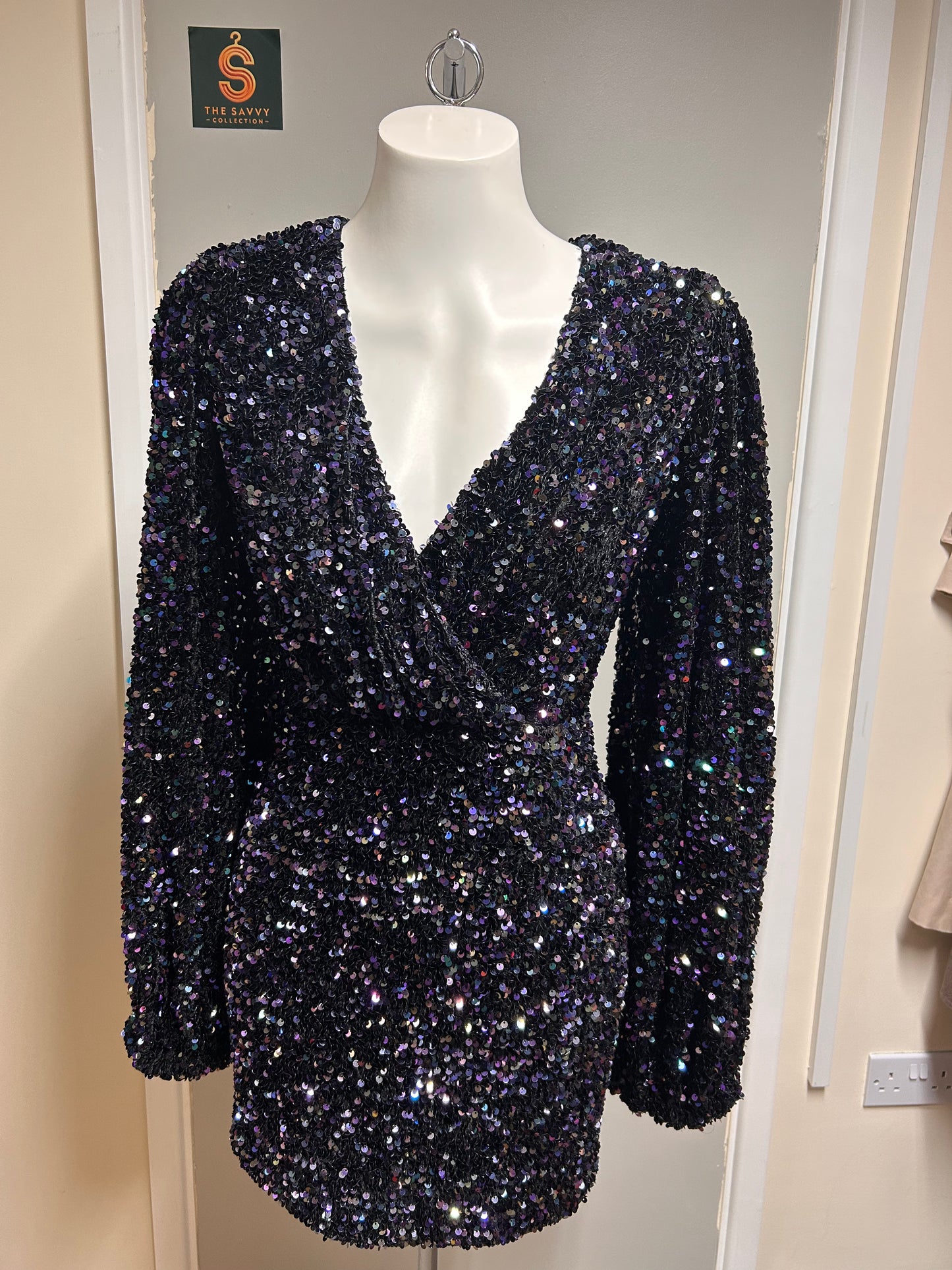 NADINE MERABI NEW Black Sequin Mini Dress - Size 12